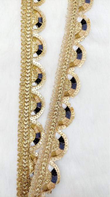 Gold Scalloped Lace Trim with Gold Sequins Embroidery, Fringe Lace Trim, Sari Trimming
